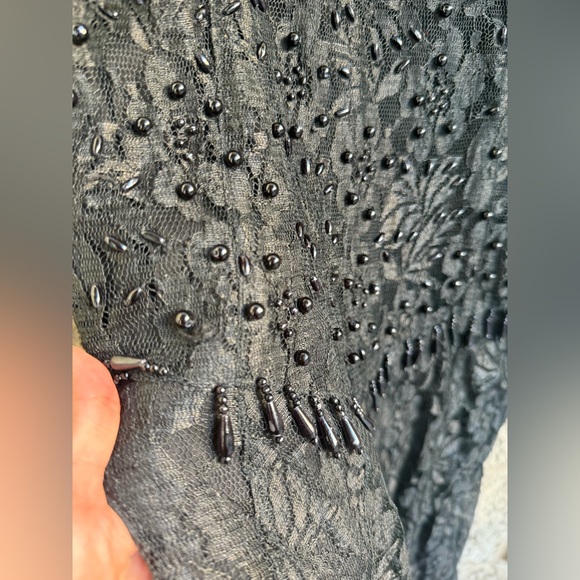 VTG  Y2K JASMINE BY KVM  Black Lace sheer Gothic Maxi Dress Beaded Trim Flapper - Picture 16 of 17